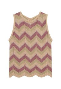 Top de punto sin mangas en color beige claro con un patrón de zigzag en púrpura y verde oliva. Presenta un dobladillo con forma de concha y una textura de punto abierto.