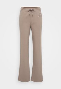 Pantaloni de trening evazați, de culoare maro deschis, realizați dintr-un material moale, având o talie elastică cu șnur de strângere și text brodat pe șoldul stâng.