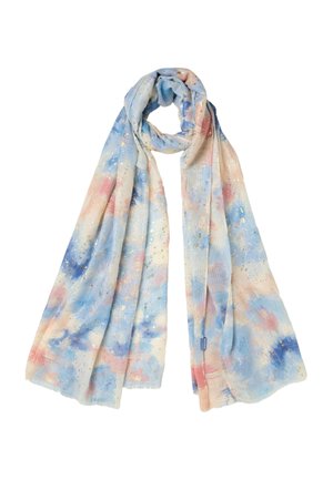 Lightweight scarf with pastel blue, pink, and cream tie-dye pattern, accented with gold flecks, draped loosely in a loop.