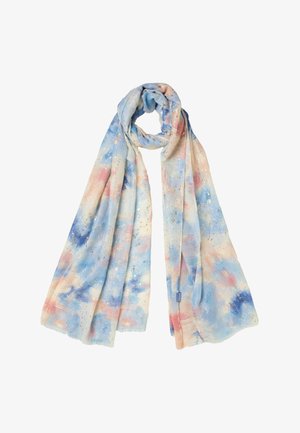 Õhuke sall pastelse sinise, roosa ja kreemika lipsuvärvusega, millel on kuldsed täpid, mis on lahtiselt kaelust mööda rippuv.