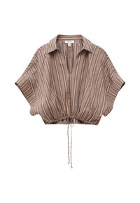 Chemise courte ample à manches courtes avec col, rayures verticales marron et beige, et cordon de serrage à l'ourlet.