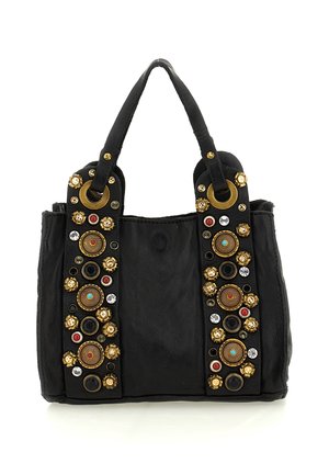 Borsa a tracolla nera in pelle con due manici, decorata con gemme dorate, rosse, turchesi e trasparenti in motivi circolari.