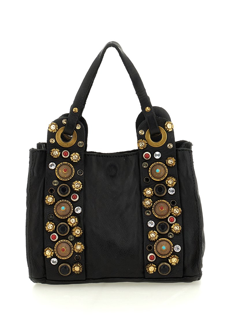 Borsa a tracolla nera in pelle con due manici, decorata con gemme dorate, rosse, turchesi e trasparenti in motivi circolari.