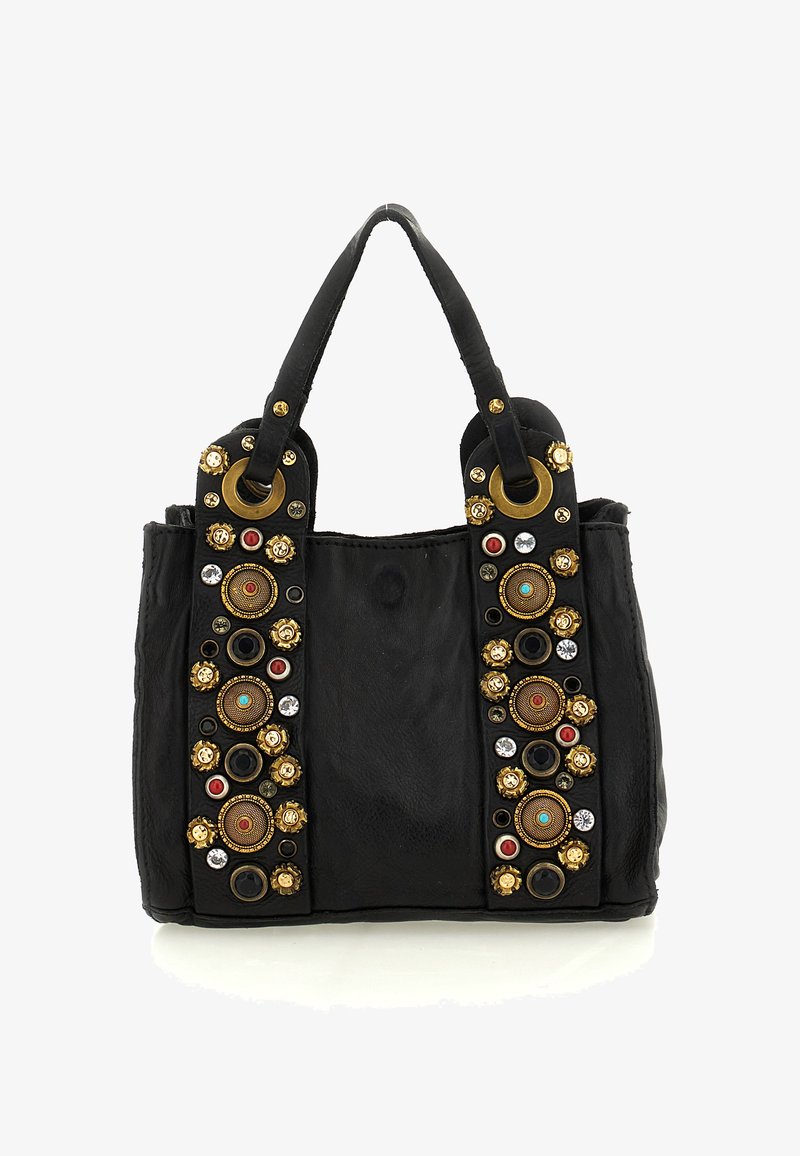 Borsa a tracolla nera in pelle con due manici, decorata con gemme dorate, rosse, turchesi e trasparenti in motivi circolari.