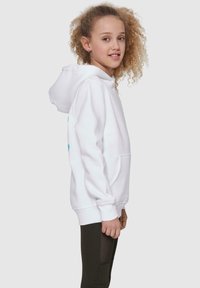 White pullover hoodie with a kangaroo pocket, featuring a blue graphic. Soft fabric, long sleeves, and a large adjustable hood.
