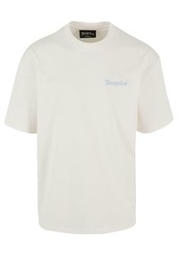 Hvid bomulds T-shirt med korte ærmer, rund halskrave og let blå "Dropsize" logo broderet på venstre brystområde.