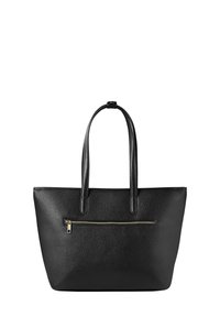 Borsa tote in pelle nera con due manici lunghi, superficie testurizzata e tasca anteriore con zip che presenta hardware dorato.