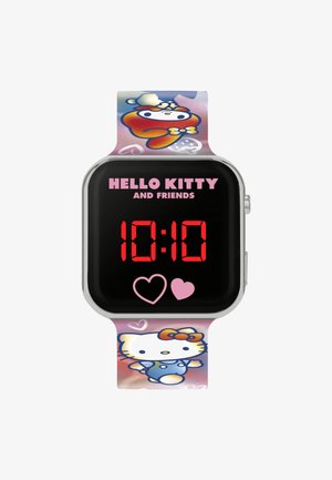 Digital watch with a square black face, red digital display, and a multicolored silicone strap featuring Hello Kitty and friends patterns.