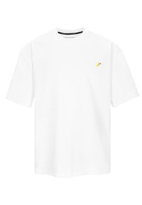 Weißes T-Shirt mit kurzen Ärmeln, aus Baumwollmaterial, lockere Passform, mit einem kleinen gelben Zitronenmotiv auf der Brust.