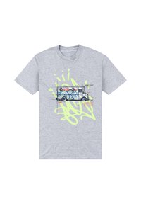 Šedé bavlněné tričko s grafikou dodávky pokryté modrým a zeleným graffiti, doplněné neonově žlutými liniemi a textem v červené a modré barvě.