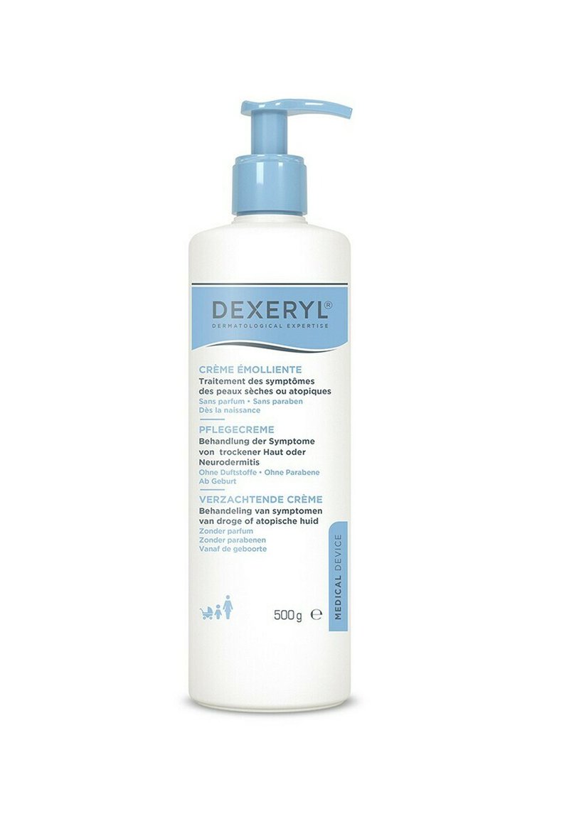 Dexeryl cream in a white plastic pump bottle with blue accents, labeled in multiple languages. Capacity: 500 g. Dermatological use indicated.