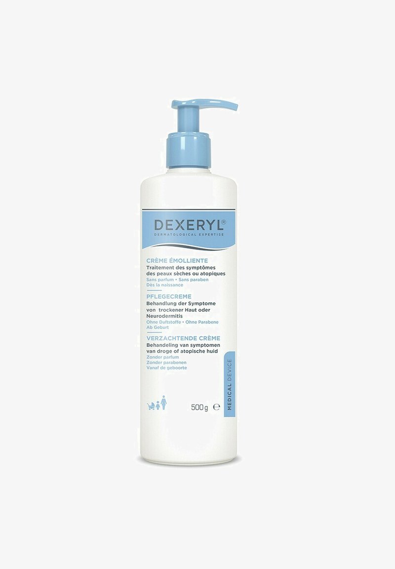 Dexeryl cream in a white plastic pump bottle with blue accents, labeled in multiple languages. Capacity: 500 g. Dermatological use indicated.