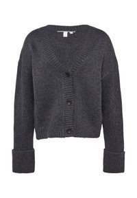 Dunkelgraue, gekürzte Strickjacke aus geripptem Strickstoff. Sie hat einen V-Ausschnitt, lange Ärmel und fünf schwarze Knöpfe auf der Vorderseite.