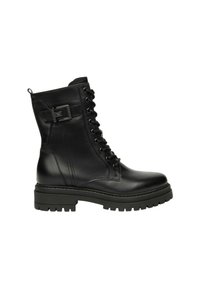 Stivali ankle in pelle nera con chiusura a lacci, dettaglio di fibbia laterale, suola spessa con battistrada e finitura liscia. Caratteristiche includono un design con presa morbida.