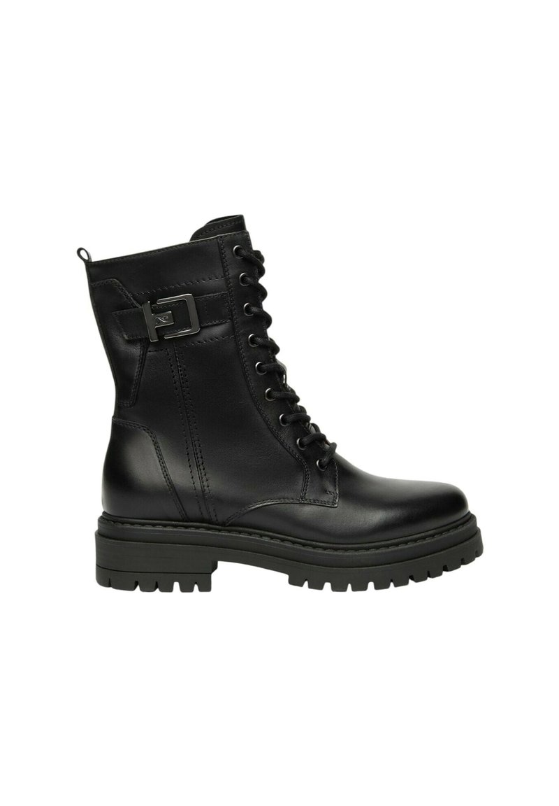 Stivali ankle in pelle nera con chiusura a lacci, dettaglio di fibbia laterale, suola spessa con battistrada e finitura liscia. Caratteristiche includono un design con presa morbida.