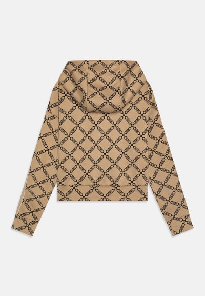Brown hoodie featuring an all-over black chain pattern, with a drawstring hood and long sleeves, made from soft textile material.