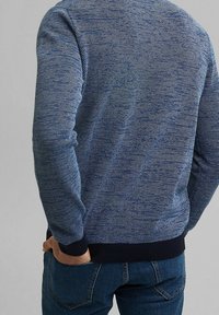 Sweter robiony na drutach w odcieniach niebieskiego z teksturowanym wzorem, z okrągłym dekoltem i ściągaczem na dole. Widok z tyłu ukazuje dopasowany krój.
