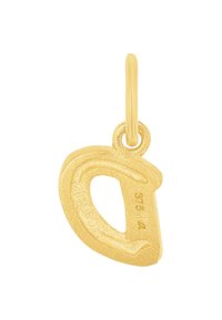 Ciondolo d'oro a forma della lettera "D". Presenta una superficie texturizzata e un anello liscio per il fissaggio. Contrassegnato con "375" per la purezza dell'oro.