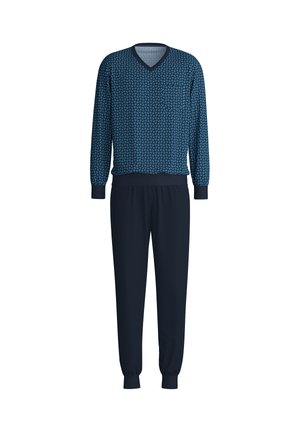 Marineblauw lounge set bestaande uit een geblokt pullover met een v-hals en een borstzak, gecombineerd met bijpassende tapered broeken.