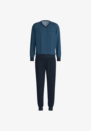 Marineblauw lounge set bestaande uit een geblokt pullover met een v-hals en een borstzak, gecombineerd met bijpassende tapered broeken.