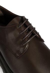 Braune Lederstiefel mit glatter Oberfläche, runder Zehenform, sechs Ösen mit braunen Schnürsenkeln und dezenten Stickdetails.