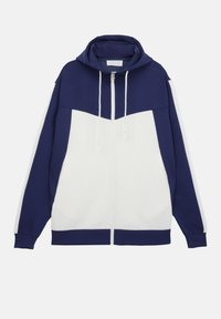 Felpa con cappuccio blu navy e bianca con cerniera, caratterizzata da un design a blocchi di colore, tasche frontali e cappuccio con coulisse. Realizzata in tessuto morbido.