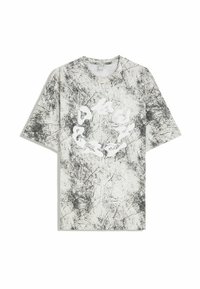 Grau-weiße, kurzärmelige T-Shirt mit Marmor-Muster und einem abstrakten weißen kreisförmigen Grafik in der Mitte.