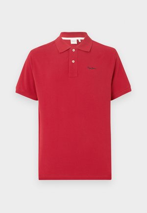 Red polo shirt made of cotton, featuring a classic collar, three-button placket, and a small embroidered logo on the chest. Smooth texture.
