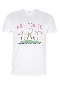 T-shirt bianco in cotone con una grafica di tre gabbiani cartoon su un'onda. Testo sopra che recita "VORRAI ESSERE" con fumetti che dicono "Mio!"