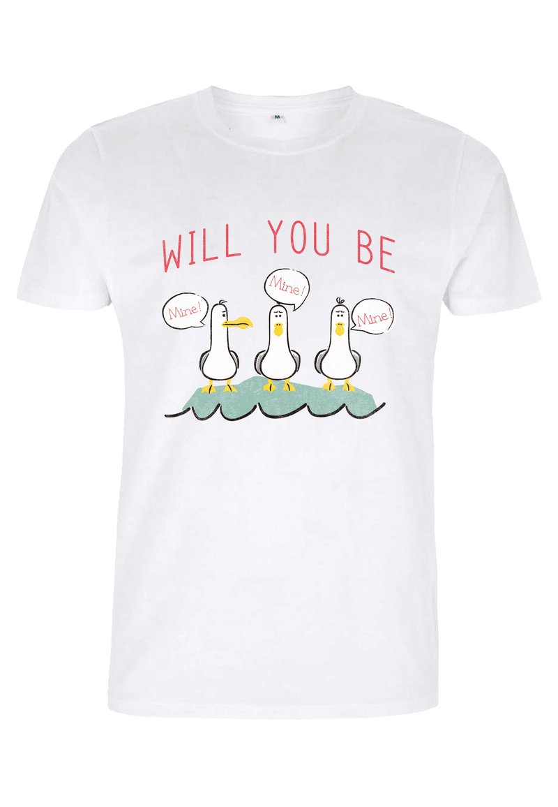 T-shirt bianco in cotone con una grafica di tre gabbiani cartoon su un'onda. Testo sopra che recita "VORRAI ESSERE" con fumetti che dicono "Mio!"