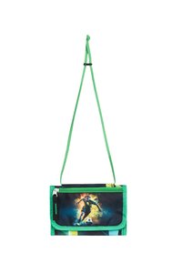 Green, fabric wallet with a black background, featuring a soccer player graphic, a zippered compartment, and a long detachable strap.