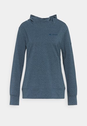 Donkerblauwe sweatshirt met capuchon, voorzien van een klein wit stippenpatroon, lange mouwen en een logo in marineblauw. Zachte stofstructuur.