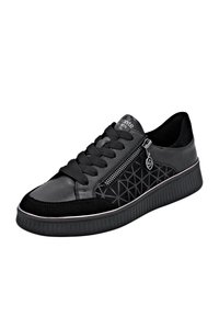 Schwarze Sneaker mit einer Kombination aus Leder und Wildleder. Strukturiertes, geometrisches Muster an der Seite, kontrastiert durch glatte Akzente und Schnürsenkel.