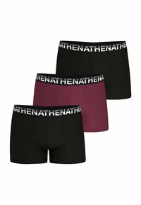 Trois paires de sous-vêtements pour hommes : une noire, une bordeaux, une noire, toutes avec une ceinture élastique noire portant une marque blanche.