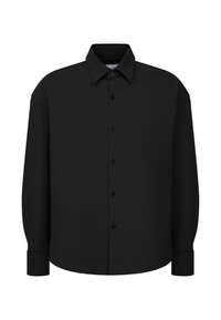 Schwarzes Langarmshirt aus strukturiertem Stoff, mit einem strukturierten Kragen, Knopfleiste und lockerer Passform mit leicht zulaufenden Ärmeln.
