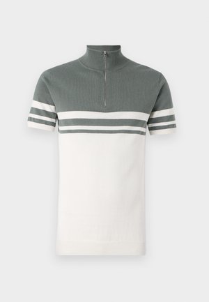 Kurzarm-Half-Zip-Pullover in Grau und Weiß mit horizontalen Streifen. Verfügt über einen hohen Kragen sowie gerippte Bündchen und Saum.