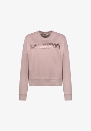 Lichte roze sweatshirt met een cropped ontwerp, lange mouwen en een glinsterende "LA LIBERTÉ" tekst over de voorkant. Glad oppervlak, geribbelde manchetten.