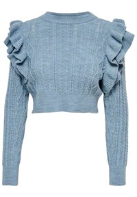 Jasnoniebieski krótkie sweter z dzianiny z wzorem w warkocze oraz falbany wzdłuż szwów ramion i górnych rękawów.