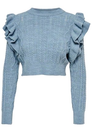 Pull en tricot court bleu clair avec des motifs en relief et des accents froncés le long des coutures d'épaule et des manches supérieures.