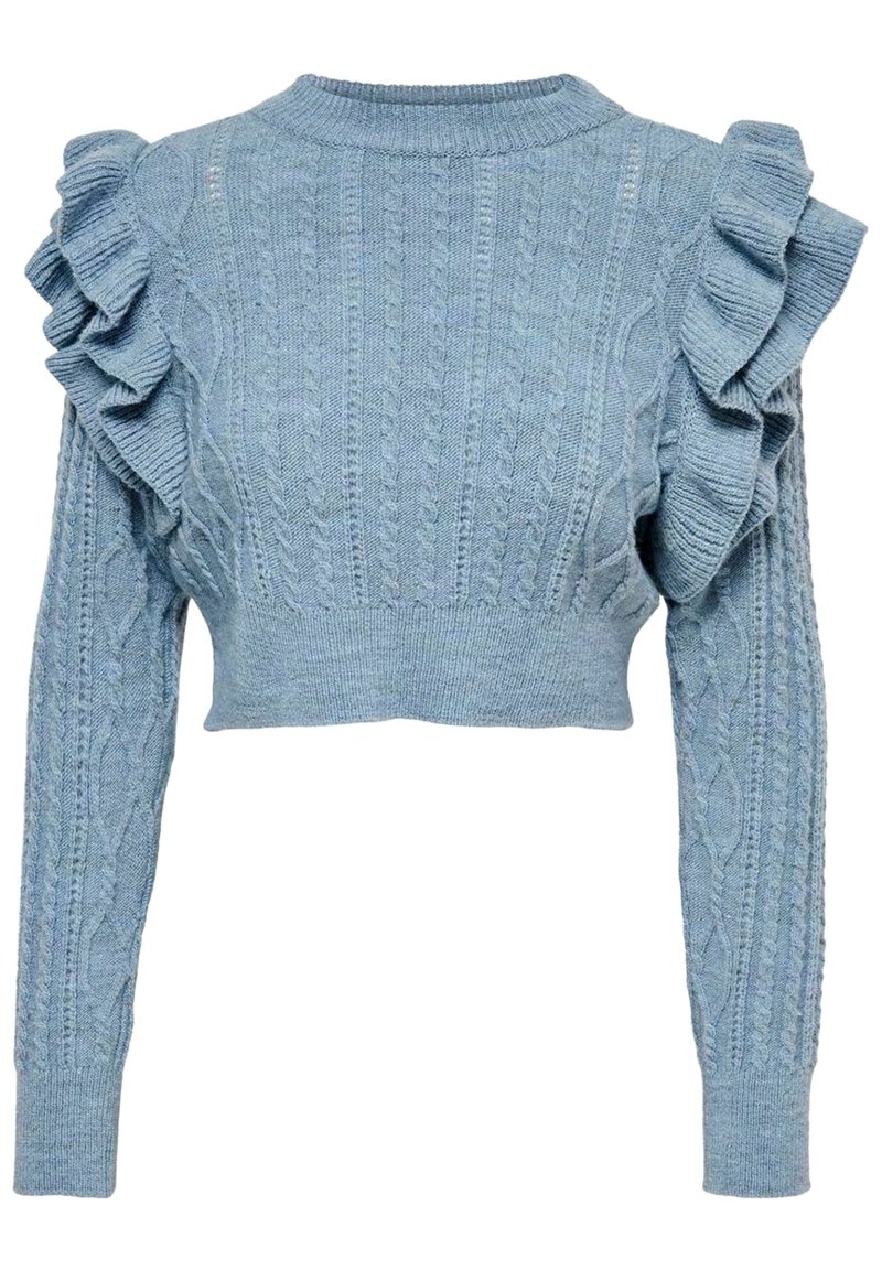 Jasnoniebieski krótkie sweter z dzianiny z wzorem w warkocze oraz falbany wzdłuż szwów ramion i górnych rękawów.
