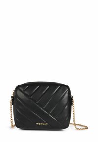 Borsa a tracolla nera in pelle con motivo trapuntato diagonale, tracolla in catena dorata e logo impresso sul davanti. Forma rettangolare.