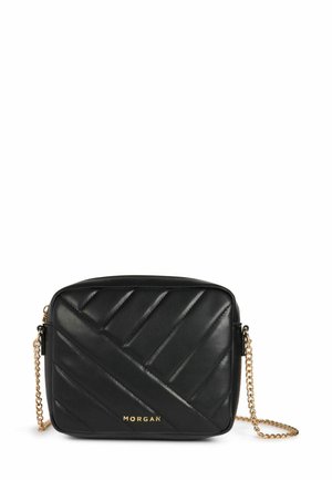 Borsa a tracolla nera in pelle con motivo trapuntato diagonale, tracolla in catena dorata e logo impresso sul davanti. Forma rettangolare.