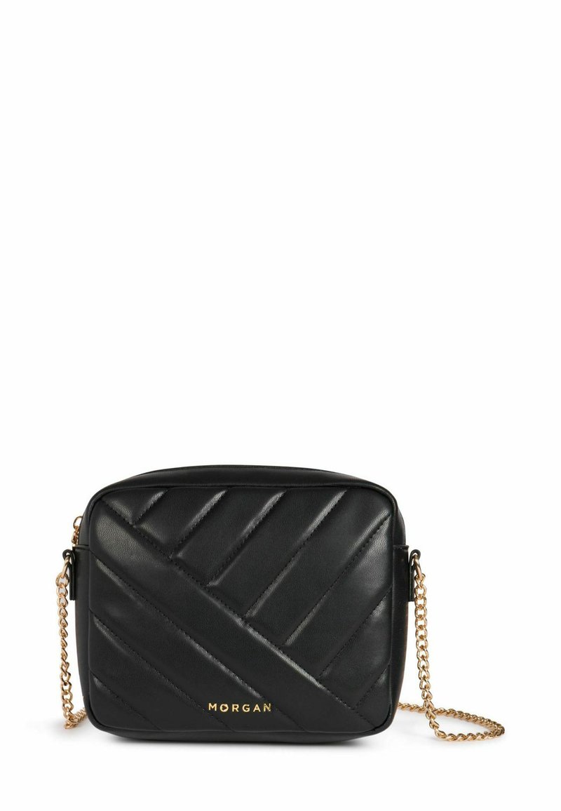 Borsa a tracolla nera in pelle con motivo trapuntato diagonale, tracolla in catena dorata e logo impresso sul davanti. Forma rettangolare.