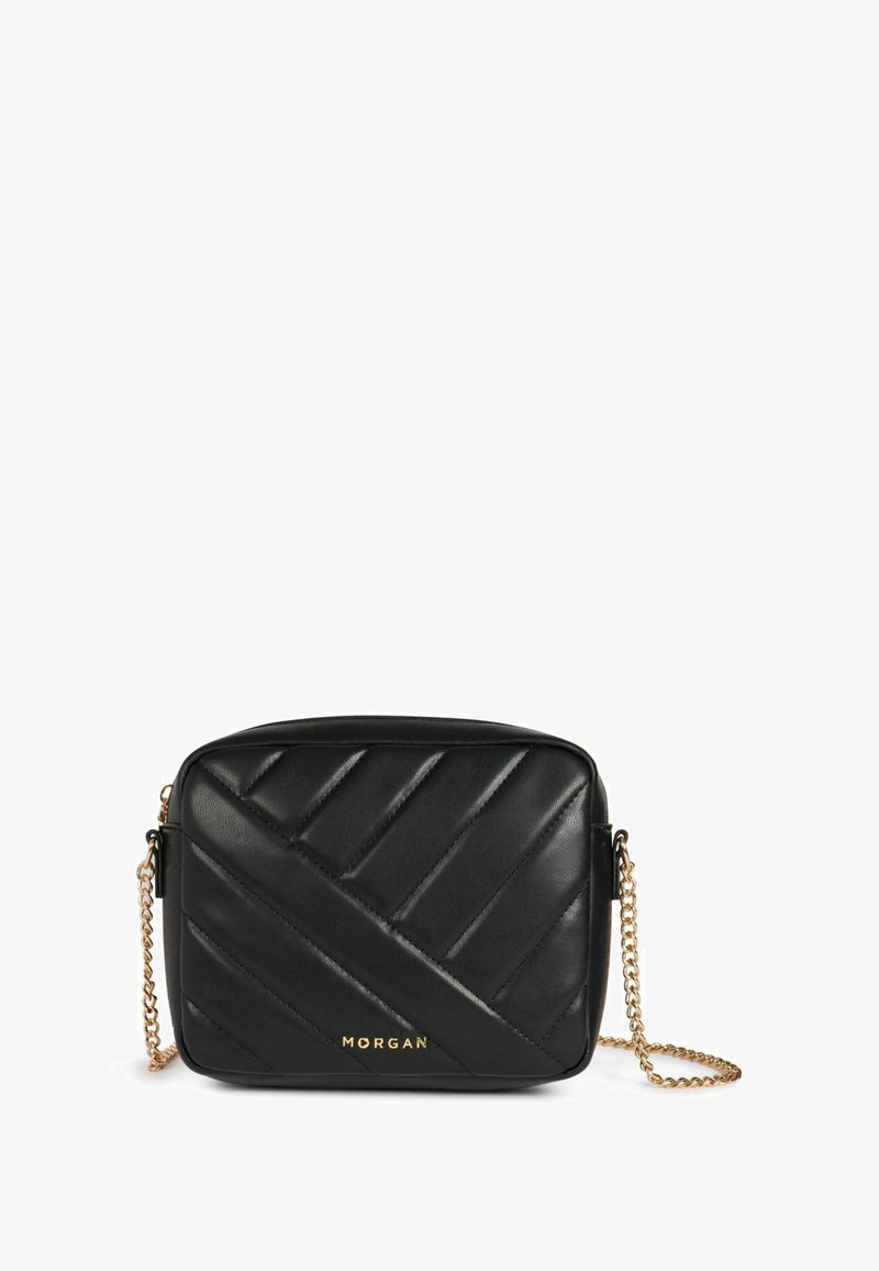 Borsa a tracolla nera in pelle con motivo trapuntato diagonale, tracolla in catena dorata e logo impresso sul davanti. Forma rettangolare.