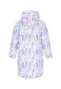 Dunjakke i lyseblå med flerfarvede pilmønstre i pink, gul og navy. Har hætte og ærmer i midterlængde.