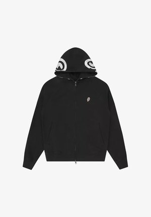 Black full-zip hoodie with front pockets, a small ice cream cone patch on chest, and white swirl designs on the hood.