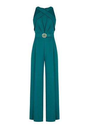 Teal jumpsuit with a cross-over halter neckline, cinched waist featuring a decorative buckle, wide legs, and smooth fabric texture.