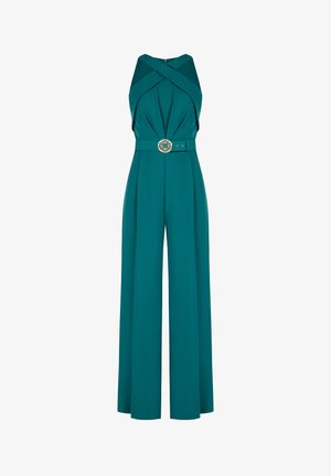 Teal jumpsuit with a cross-over halter neckline, cinched waist featuring a decorative buckle, wide legs, and smooth fabric texture.