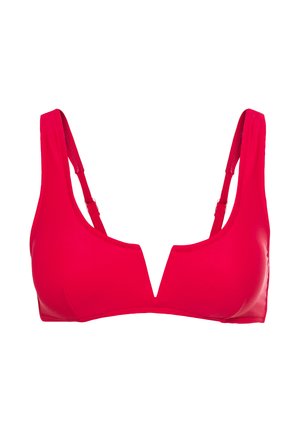 Rdeč bikini vrh z V-izrezom, nastavljivimi naramnicami in gladko, elastično teksturo. Preprost dizajn, brez dodatnih vzorcev ali podrobnosti.