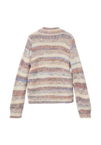 Strickpullover mit rundem Ausschnitt, mit mehrfarbigen Streifen in Creme, Lila, Blau und Braun. Weiche Textur, gerippte Bündchen und Saum.